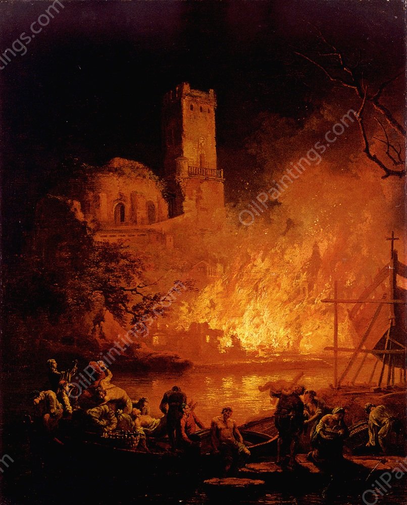 A River Landscape with Figures Fleeing a Burning City by Pierre-Jacques Volaire - Hand-Painted Oil Painting Reproduction