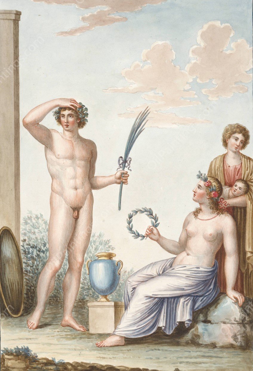 Nude youth holding palm branch, partially nude woman holding wreath.  by Pierre-Jean Mariette - Hand-Painted Oil Painting Reproduction