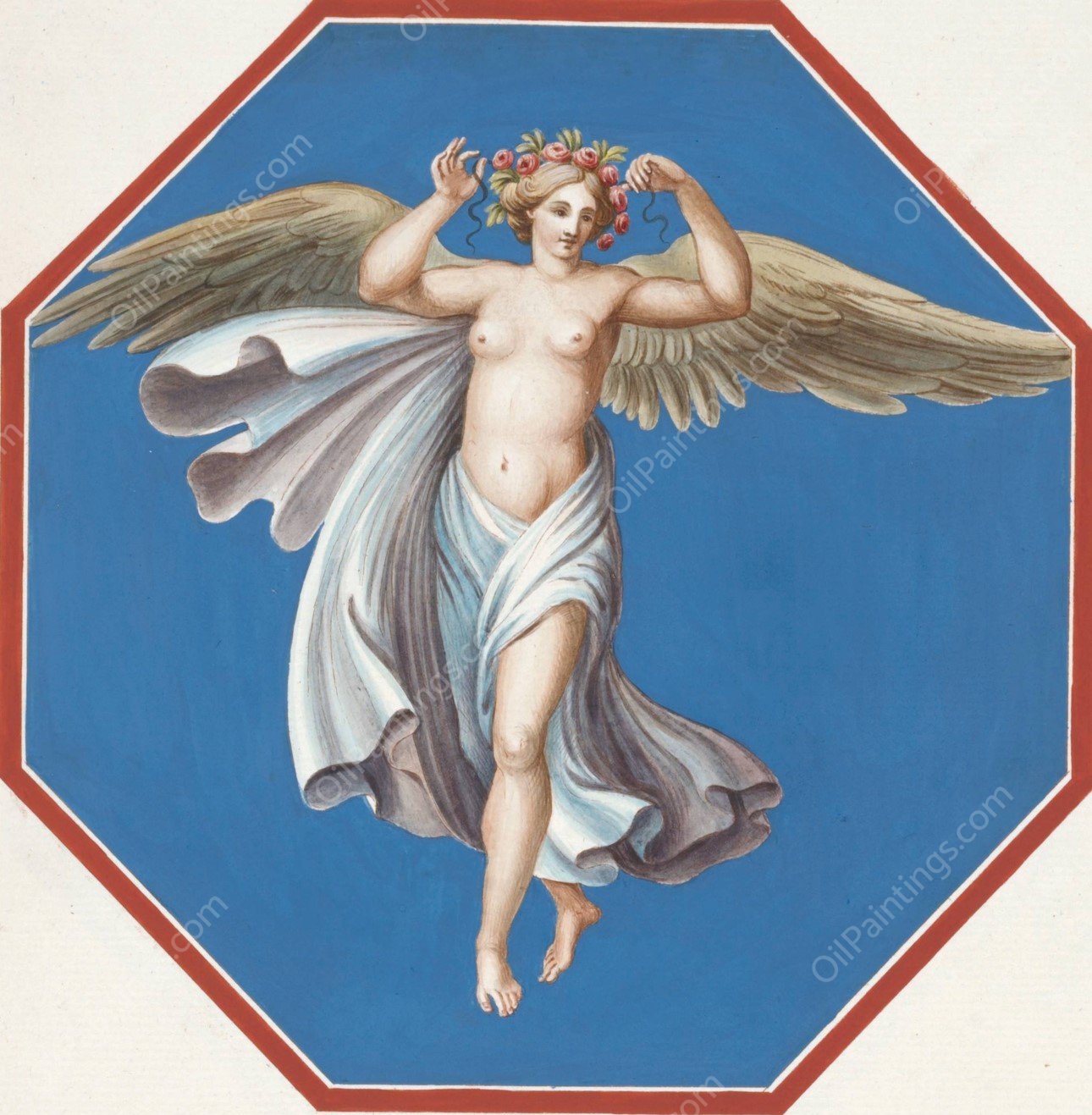 Octagonal painting of female angel with crown of flowers.  by Pierre-Jean Mariette - Hand-Painted Oil Painting Reproduction
