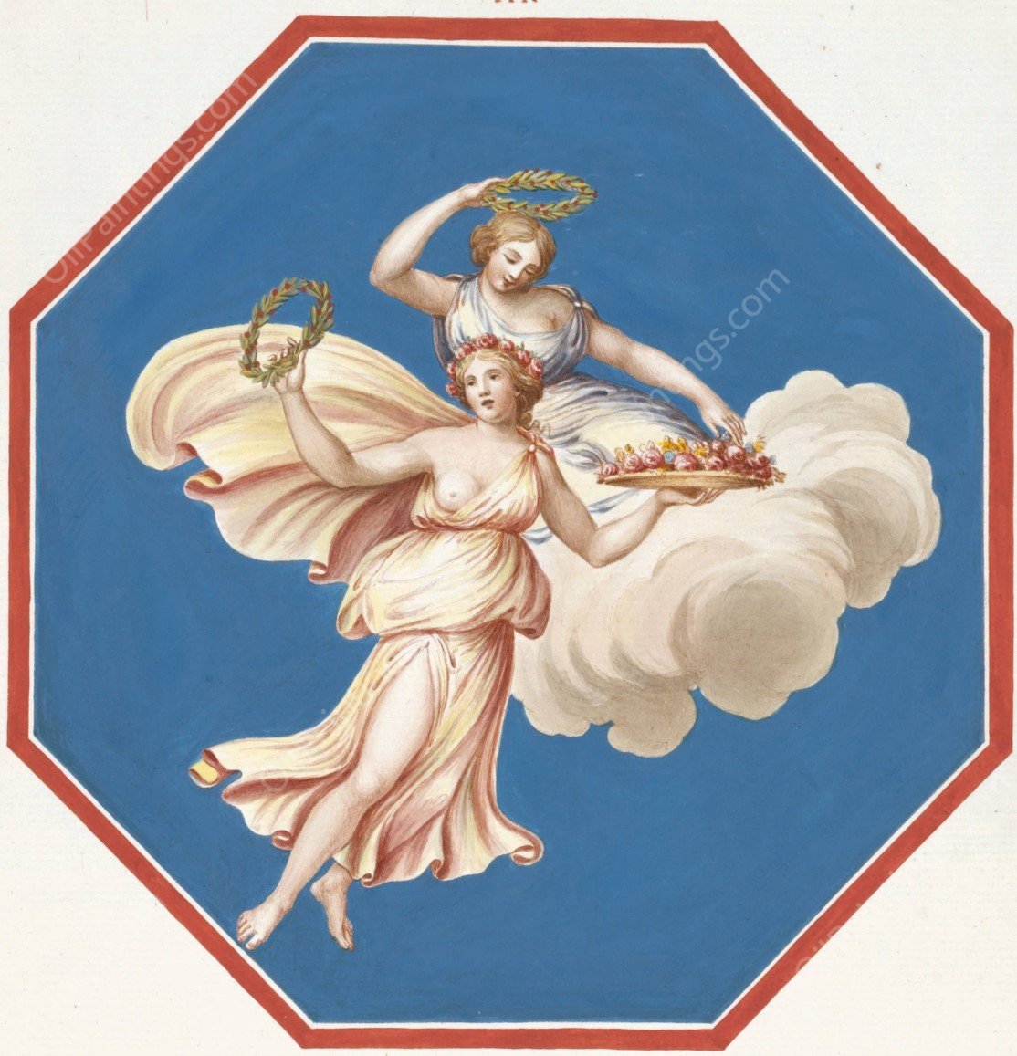 Octagonal painting of two women riding a cloud and holding wreaths and flowers.  by Pierre-Jean Mariette - Hand-Painted Oil Painting Reproduction