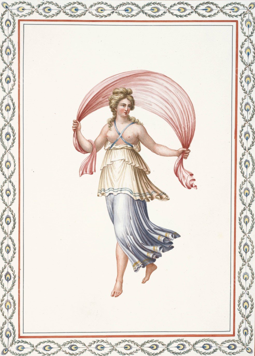 Partially nude woman holding pink drape.  by Pierre-Jean Mariette - Hand-Painted Oil Painting Reproduction