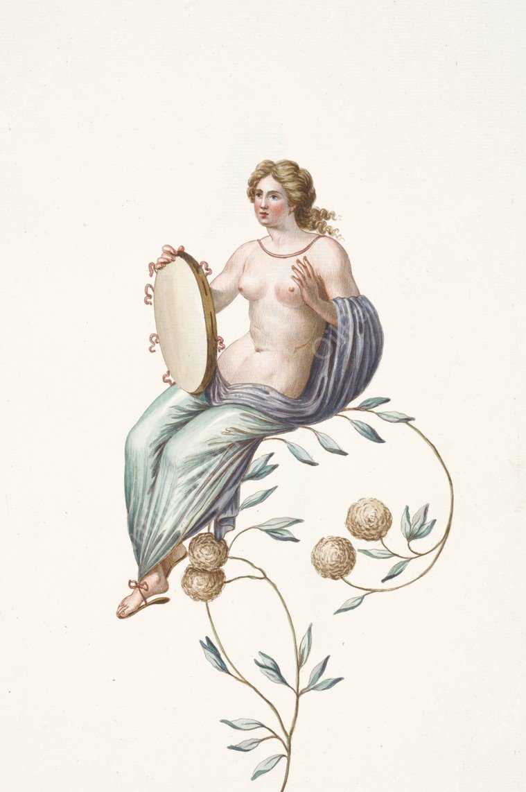 Partially nude woman sitting on flowering branch, holding tambourine.  by Pierre-Jean Mariette - Hand-Painted Oil Painting Reproduction