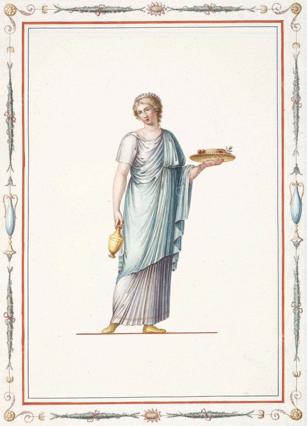 Woman in classical dress holding vase and platter of food.  by Pierre-Jean Mariette - Hand-Painted Oil Painting Reproduction