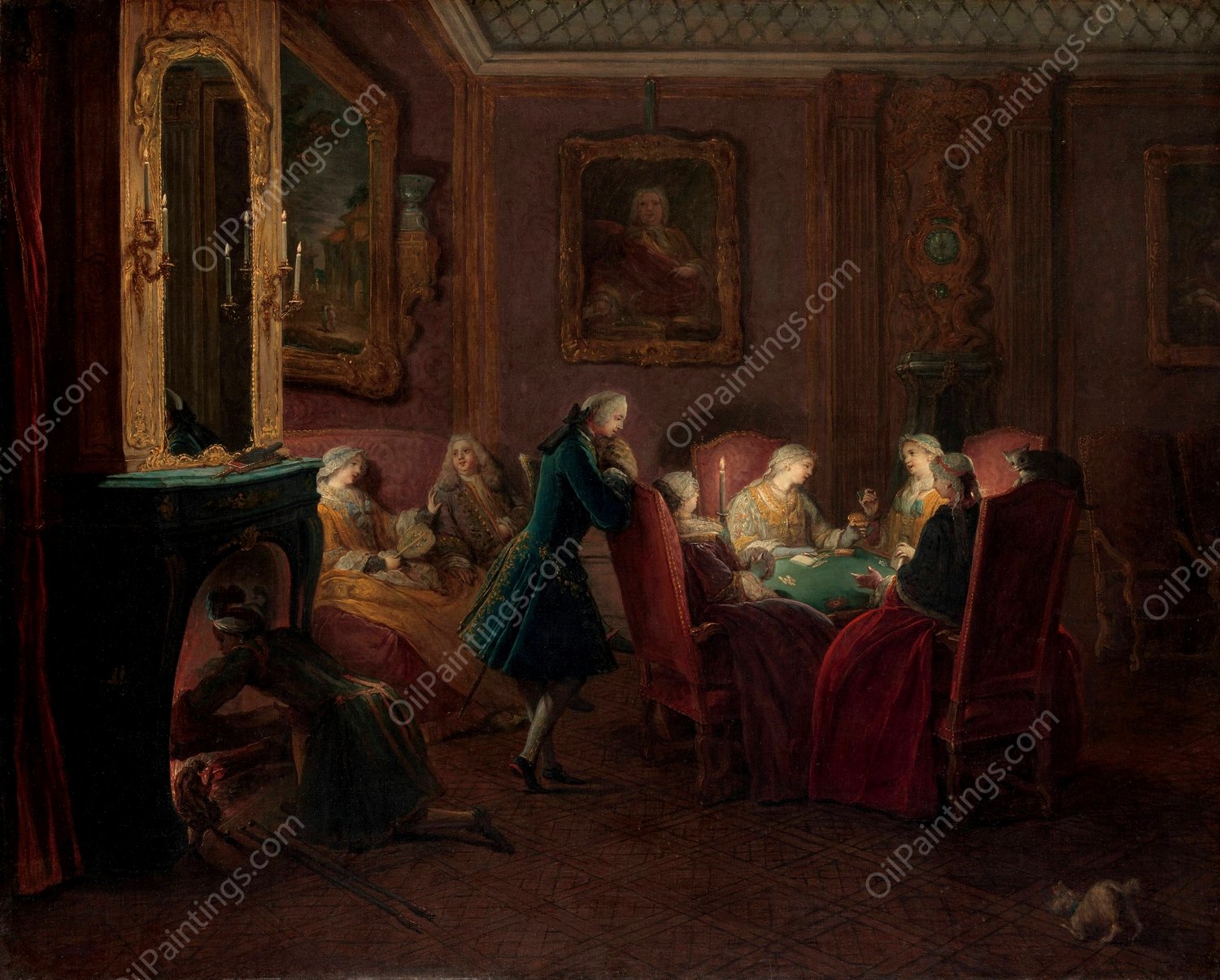 Card Players in a Drawing Room by Pierre Louis Dumesnil The Younger - Hand-Painted Oil Painting Reproduction