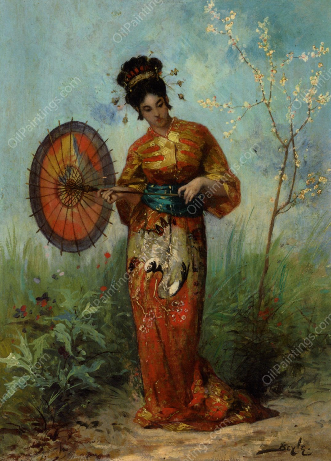 A Japanese Woman with a Parasol by Pierre-Marie Beyle - Hand-Painted Oil Painting Reproduction