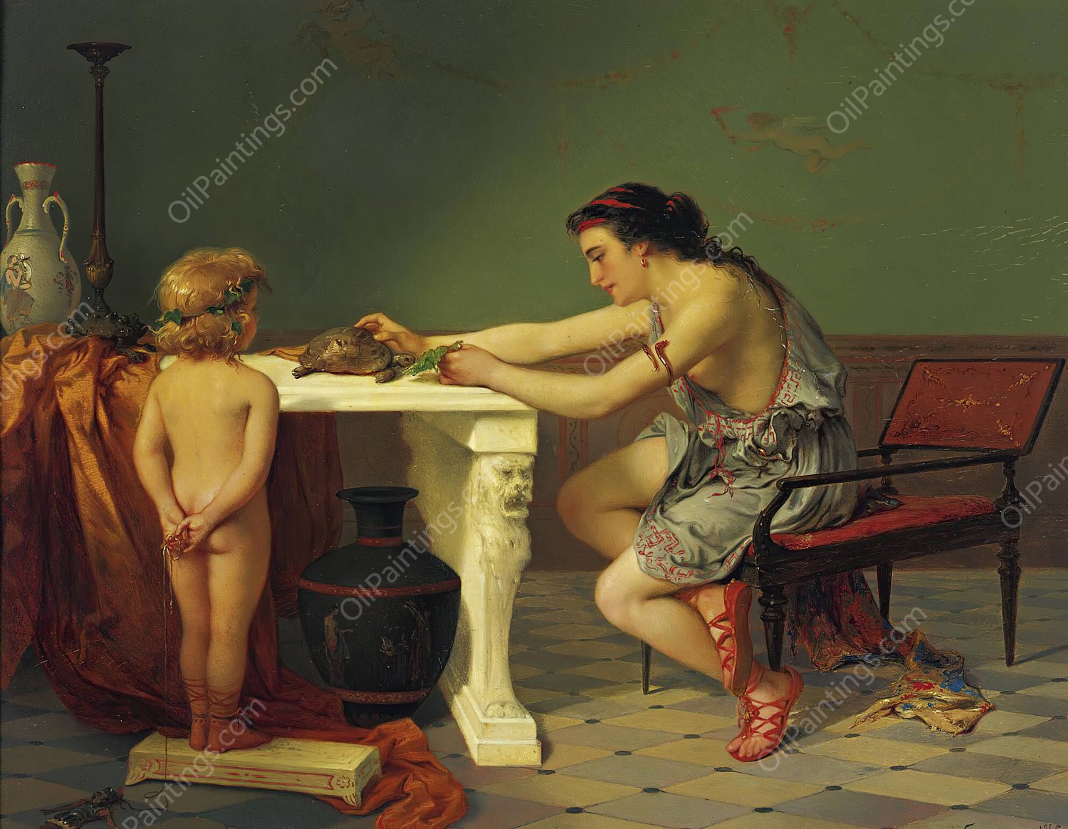 Feeding The Turtle  by Pierre Olivier Joseph Coomans - Hand-Painted Oil Painting Reproduction