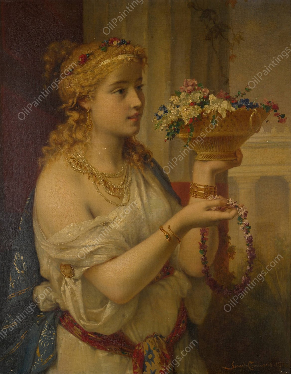 Young girl with flowers  by Pierre Olivier Joseph Coomans - Hand-Painted Oil Painting Reproduction