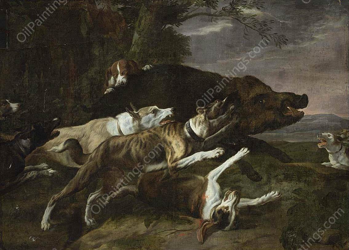 Hounds Assailing a Boar by Pieter Boel - Hand-Painted Oil Painting Reproduction