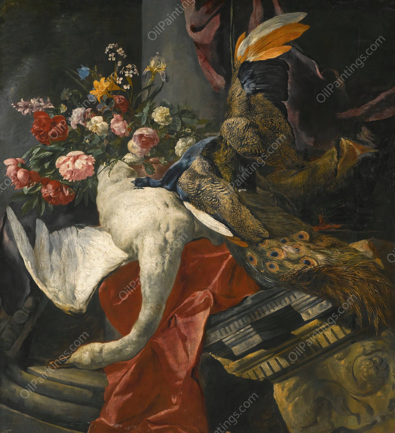 Still Life Of Peonies, Roses And Other Flowers In A Terracotta Vase, Together With A Swan, Peacock And Boar's Head, Resting On A Red Drape And An Antique Architectural Fragment by Pieter Boel - Hand-Painted Oil Painting Reproduction