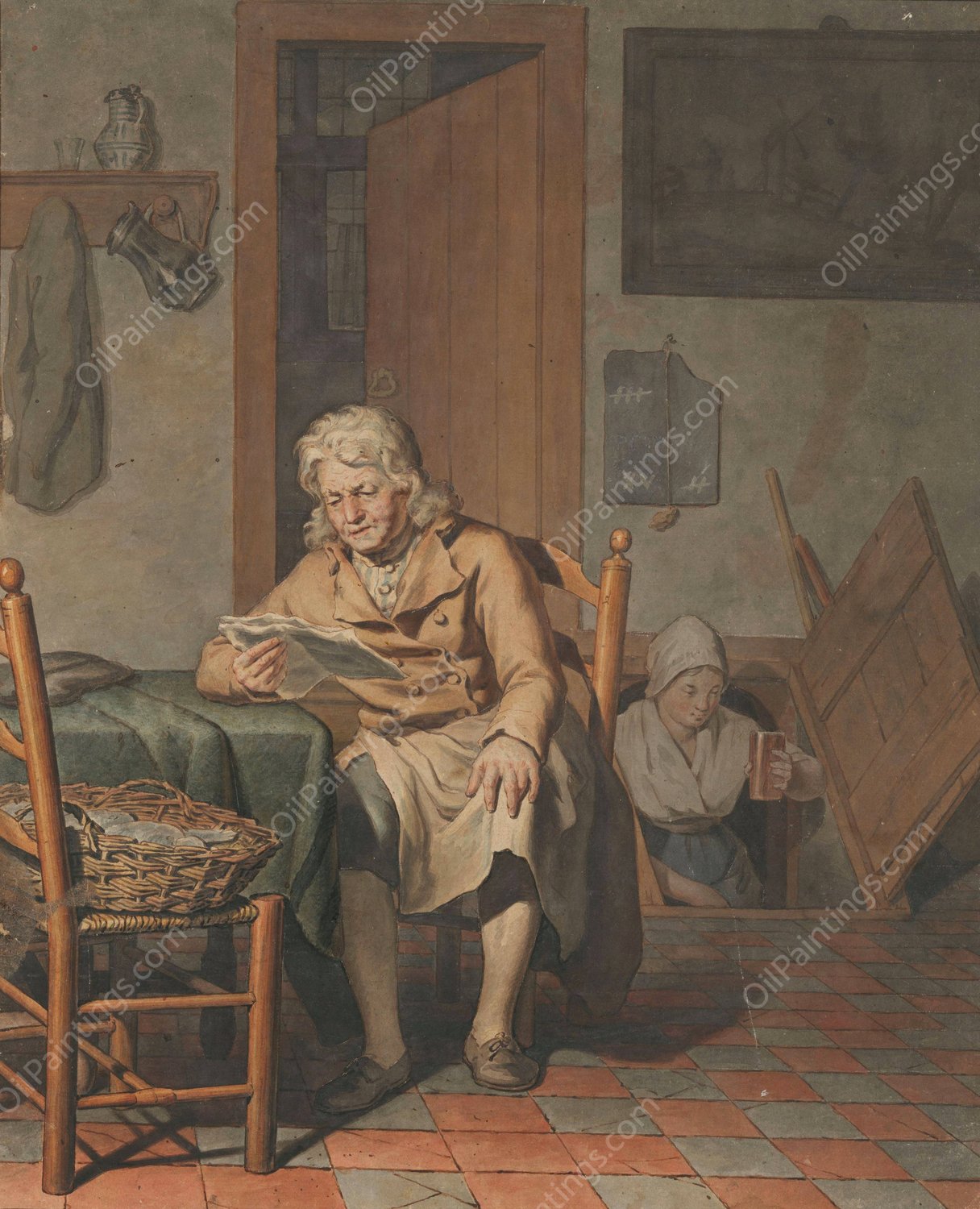 Interieur met lezende man  by Pieter Christoffel Wonder - Hand-Painted Oil Painting Reproduction