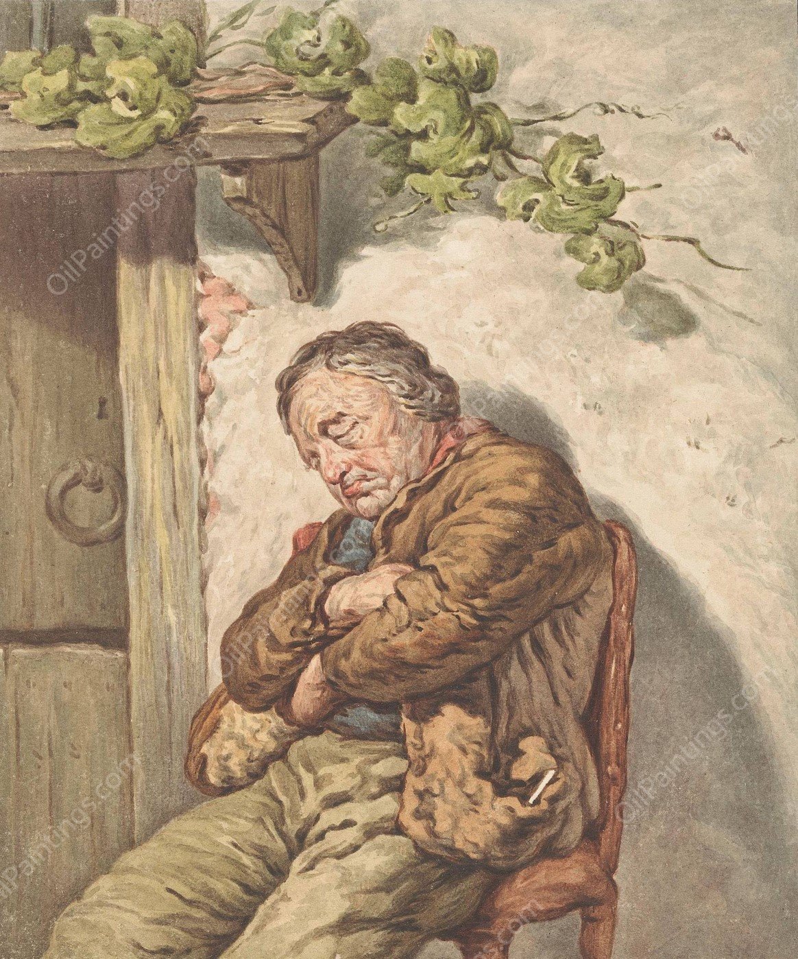 Lou de knecht van de bakker, voor het huis ingeslapen in het zonlicht  by Pieter Christoffel Wonder - Hand-Painted Oil Painting Reproduction