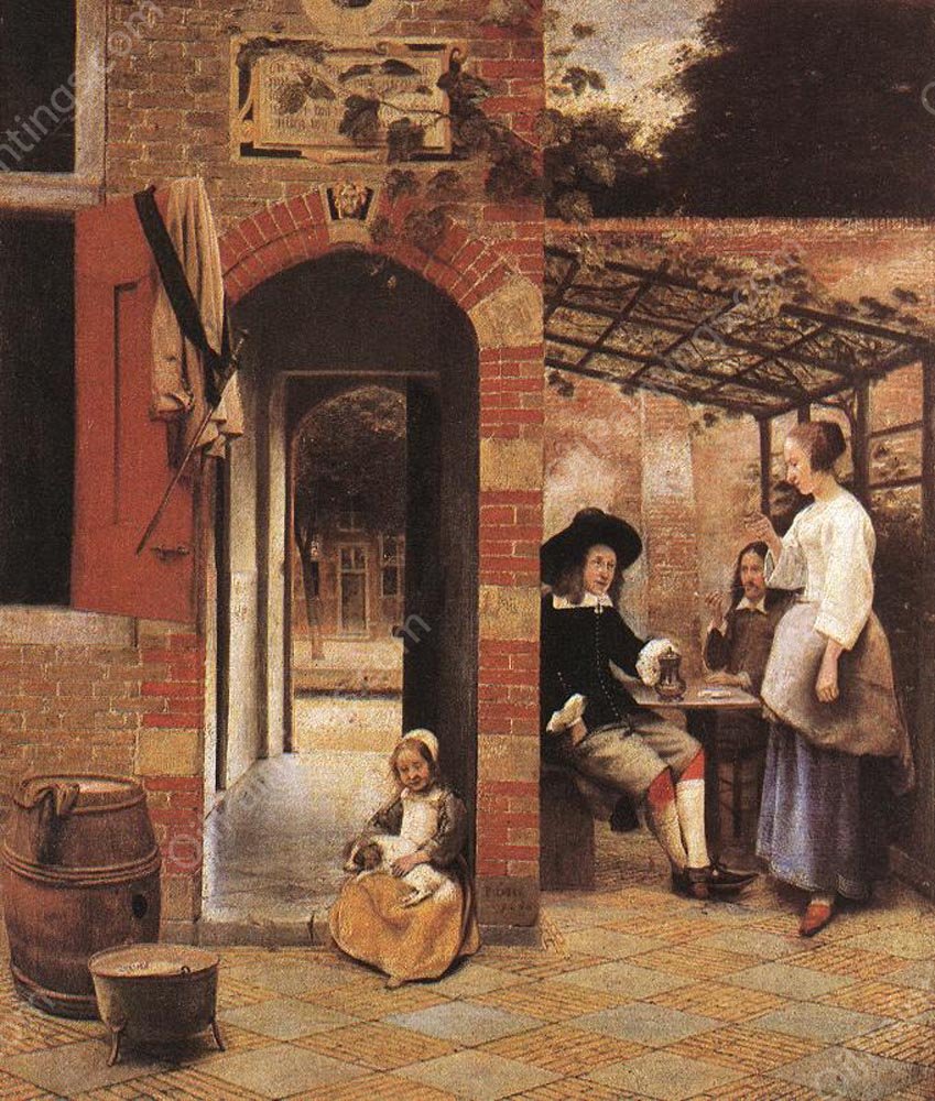 Drinkers in the Bower by Pieter De Hooch - Hand-Painted Oil Painting Reproduction