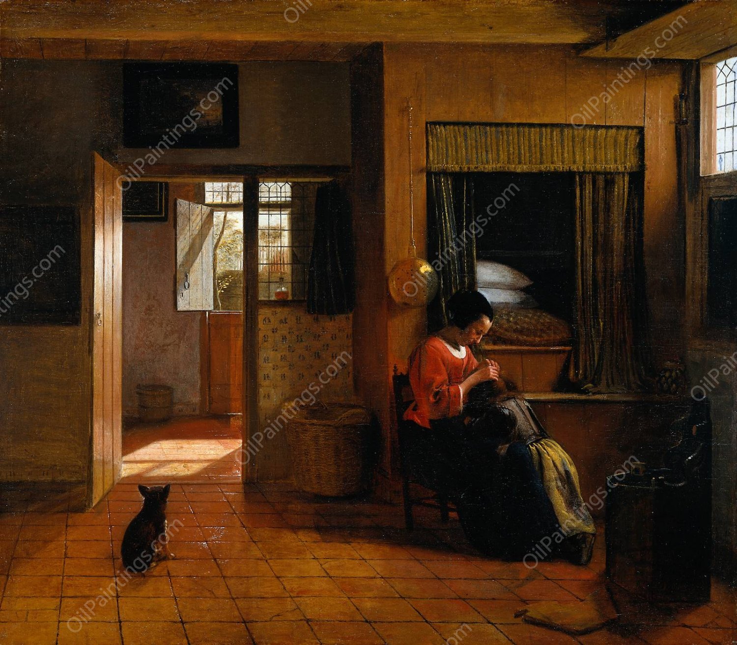 Interior with a Mother delousing her child's hair, known as 'A Mother's duty' by Pieter De Hooch - Hand-Painted Oil Painting Reproduction