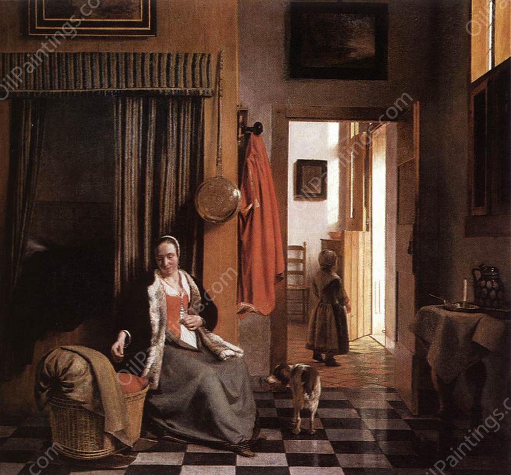 Mother Lacing Her Bodice beside a Cradle by Pieter De Hooch - Hand-Painted Oil Painting Reproduction