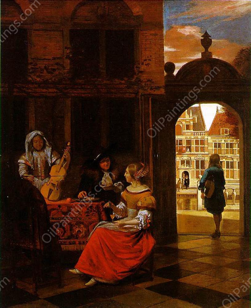 Musical Party in a Courtyard by Pieter De Hooch - Hand-Painted Oil Painting Reproduction