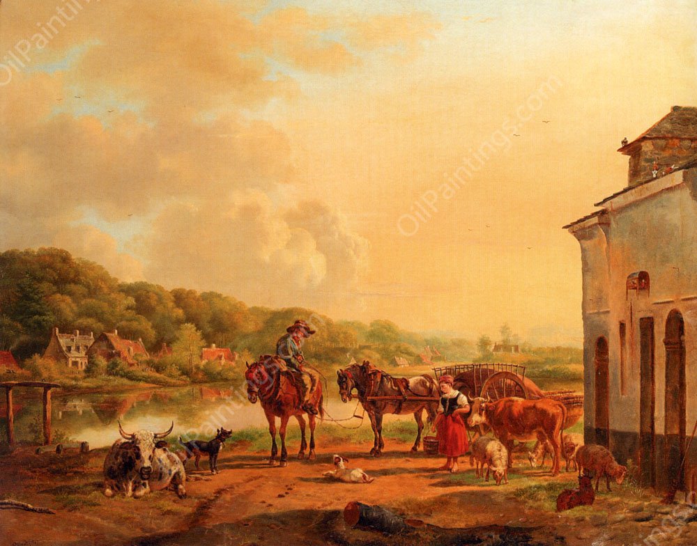 A Sunlit River Landscape with Peasants Conversing by a Barn by Pieter Frederik Van Os - Hand-Painted Oil Painting Reproduction
