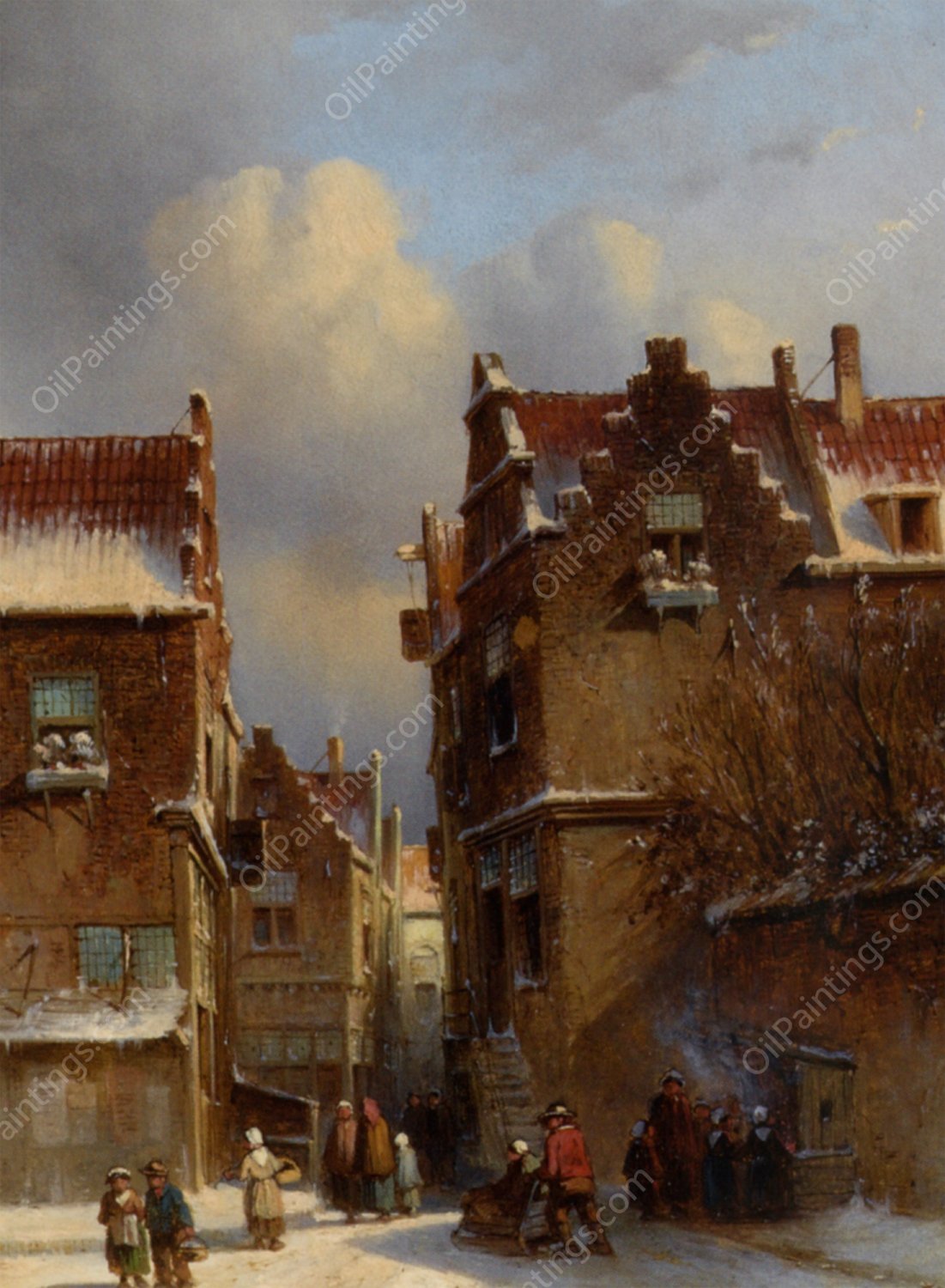 Figures Buying Chestnuts at a Stall in a Wintry Town by Pieter Gerard Vertin - Hand-Painted Oil Painting Reproduction