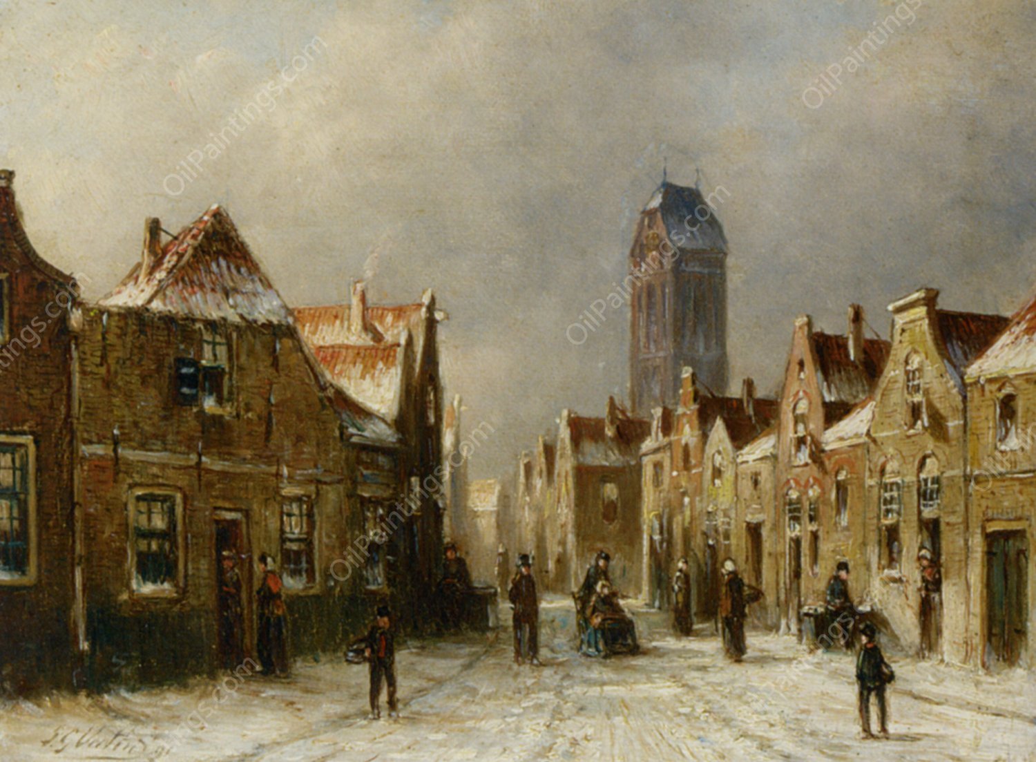 Figures in the Streets of a Snow Covered Dutch Town by Pieter Gerard Vertin - Hand-Painted Oil Painting Reproduction