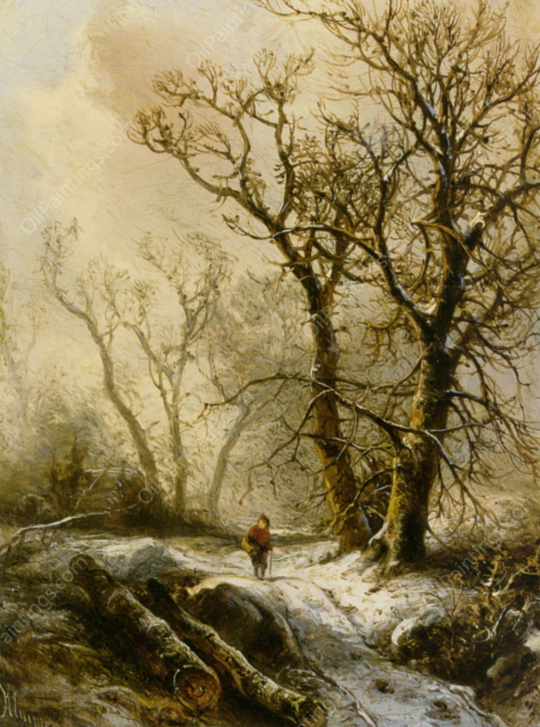 A Figure in a Snowy Forest Landscape by Pieter Lodewijk Francisco Kluyver - Hand-Painted Oil Painting Reproduction