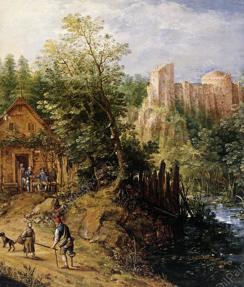 Mountain Valley with Inn and Castle Detail by Pieter Stevens - Hand-Painted Oil Painting Reproduction