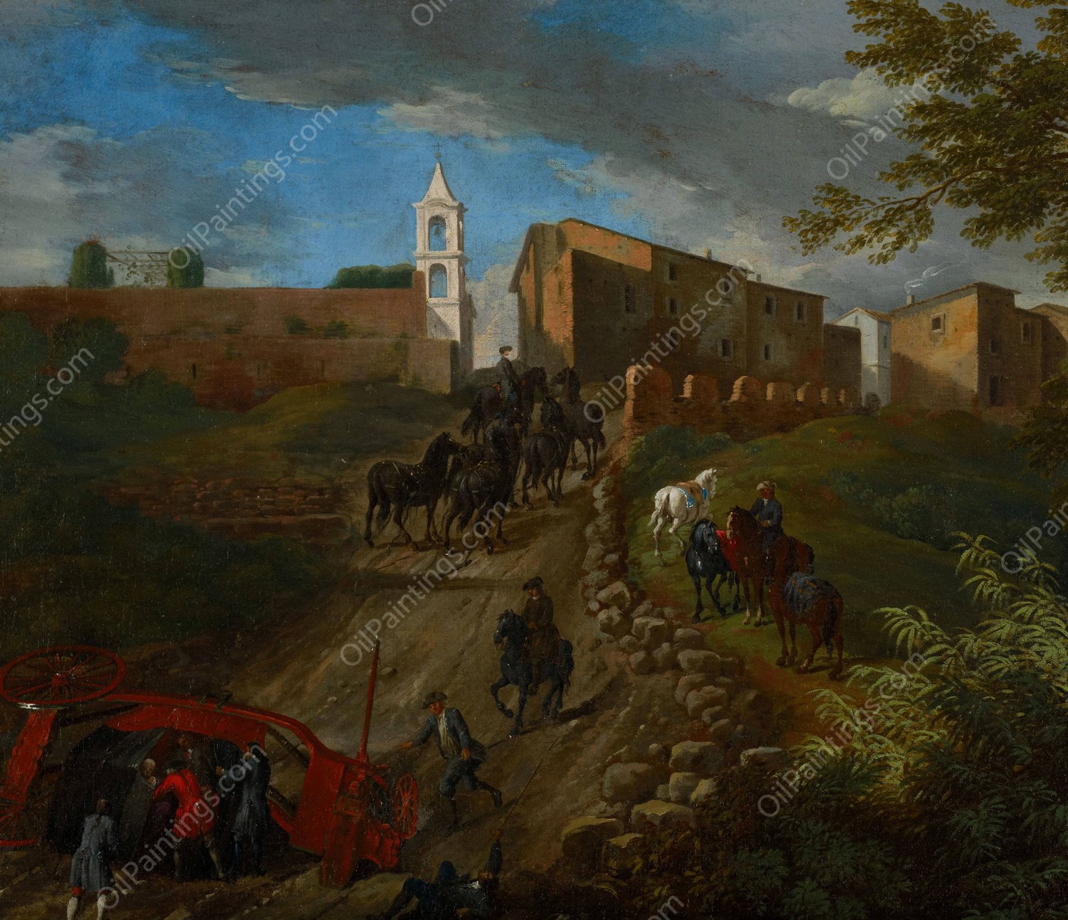 Coach and Travelers at Madonna del Riposo Near Rome  by Pieter Van Bloemen - Hand-Painted Oil Painting Reproduction