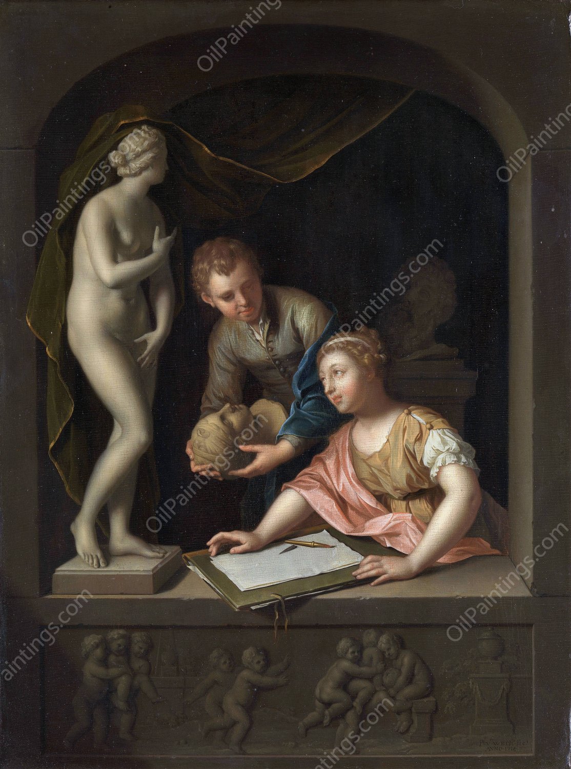 A Girl Drawing and a Boy near a Statue of Venus  by Pieter Van Der Werff - Hand-Painted Oil Painting Reproduction