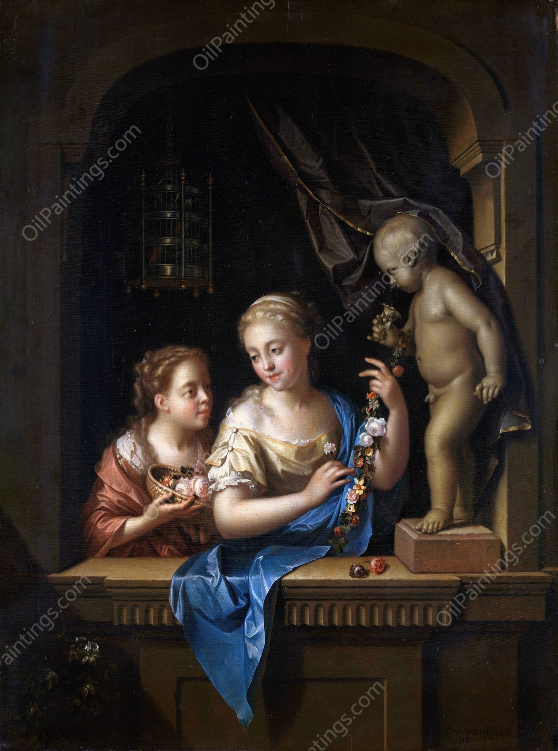 Two Girls with Flowers by a Statue of Cupid  by Pieter Van Der Werff - Hand-Painted Oil Painting Reproduction
