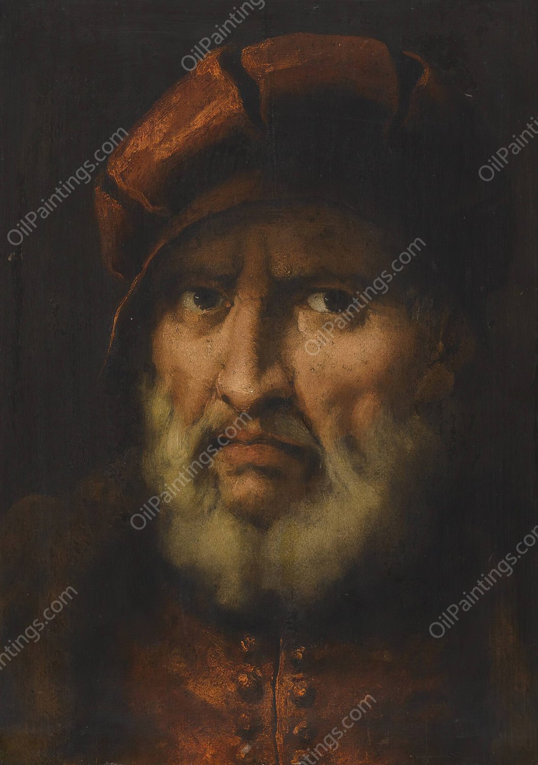 Head Of A Bearded Man, Wearing A Red Cap And Red Shirt by Pietro Della Vecchia - Hand-Painted Oil Painting Reproduction