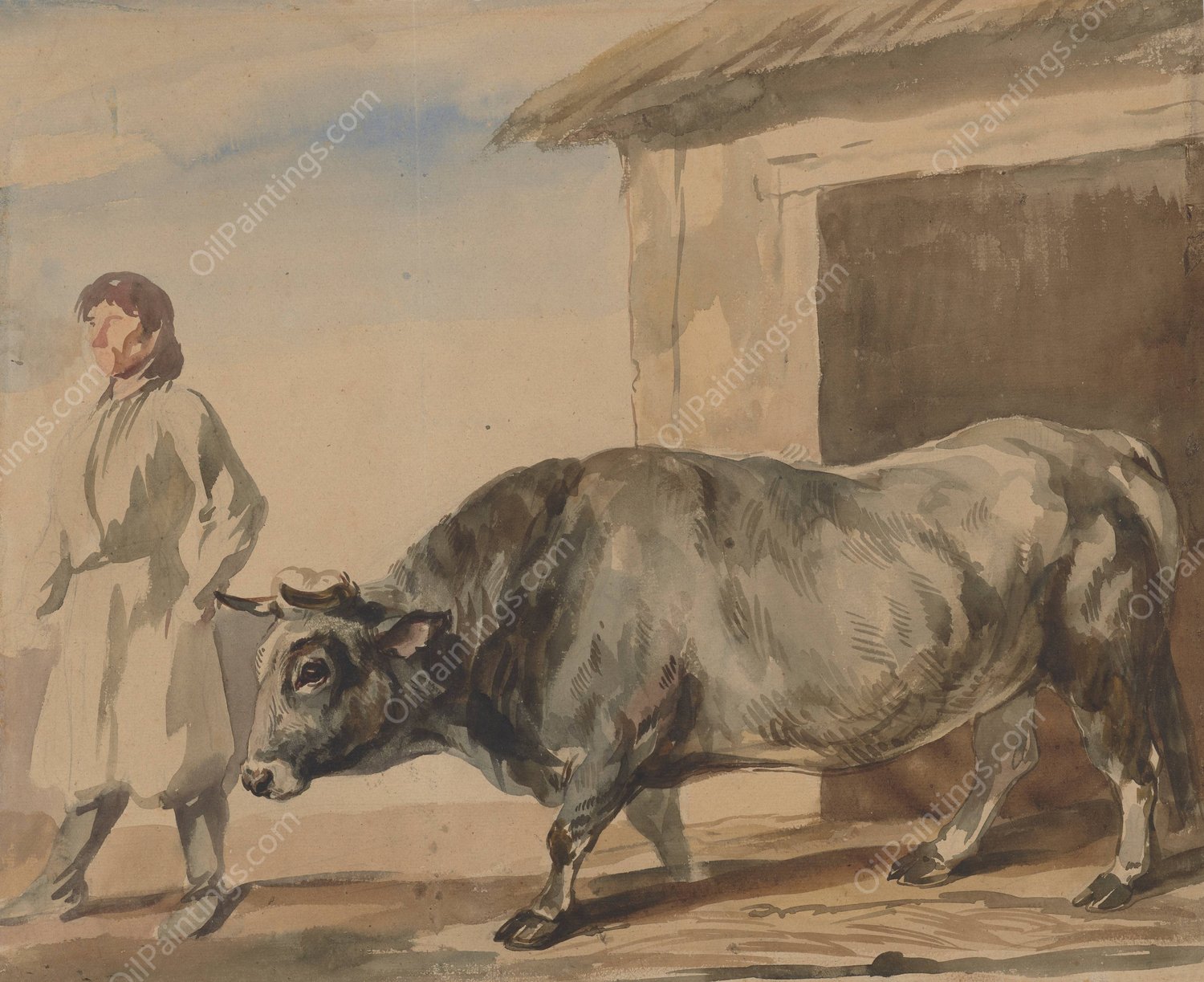 Grey ox and a peasant from Bolestraszyce  by Piotr Michalowski - Hand-Painted Oil Painting Reproduction