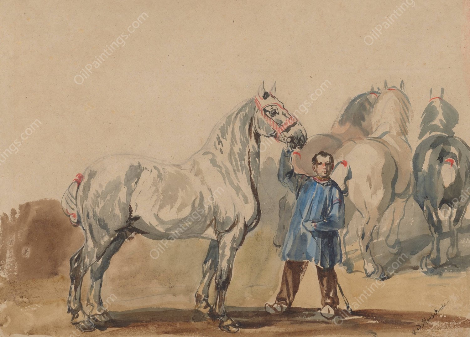 Stableman and horses  by Piotr Michalowski - Hand-Painted Oil Painting Reproduction