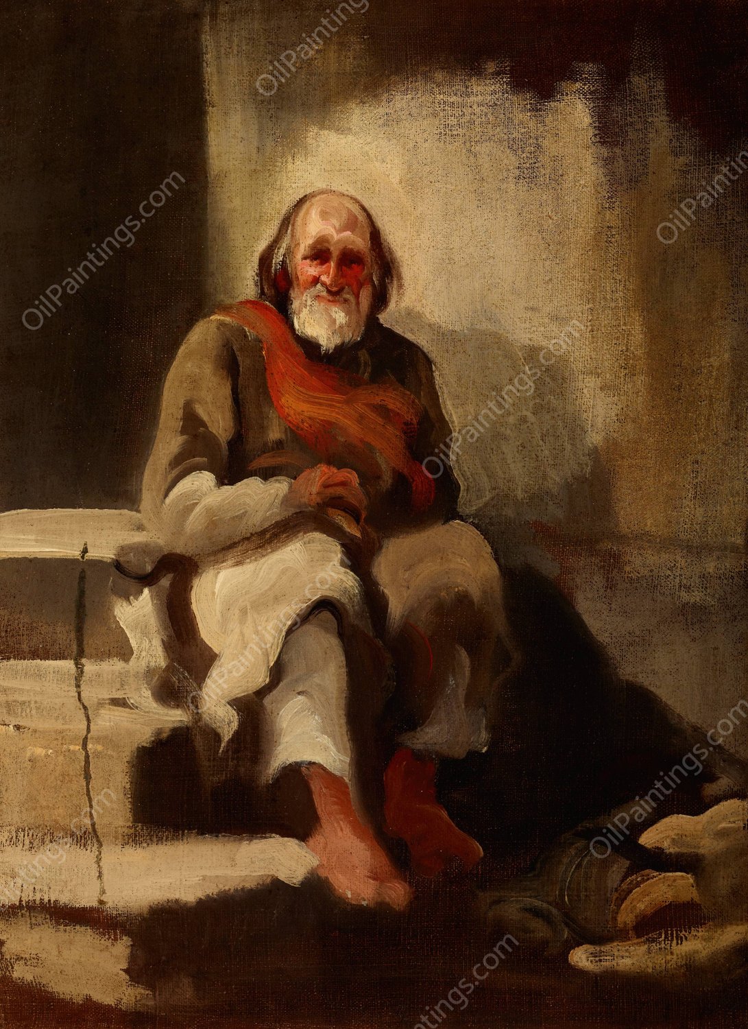 Study of an Old Man Sitting on the Stairs  by Piotr Michalowski - Hand-Painted Oil Painting Reproduction