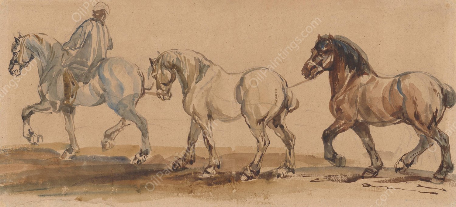Three horses harnessed one behind the other  by Piotr Michalowski - Hand-Painted Oil Painting Reproduction