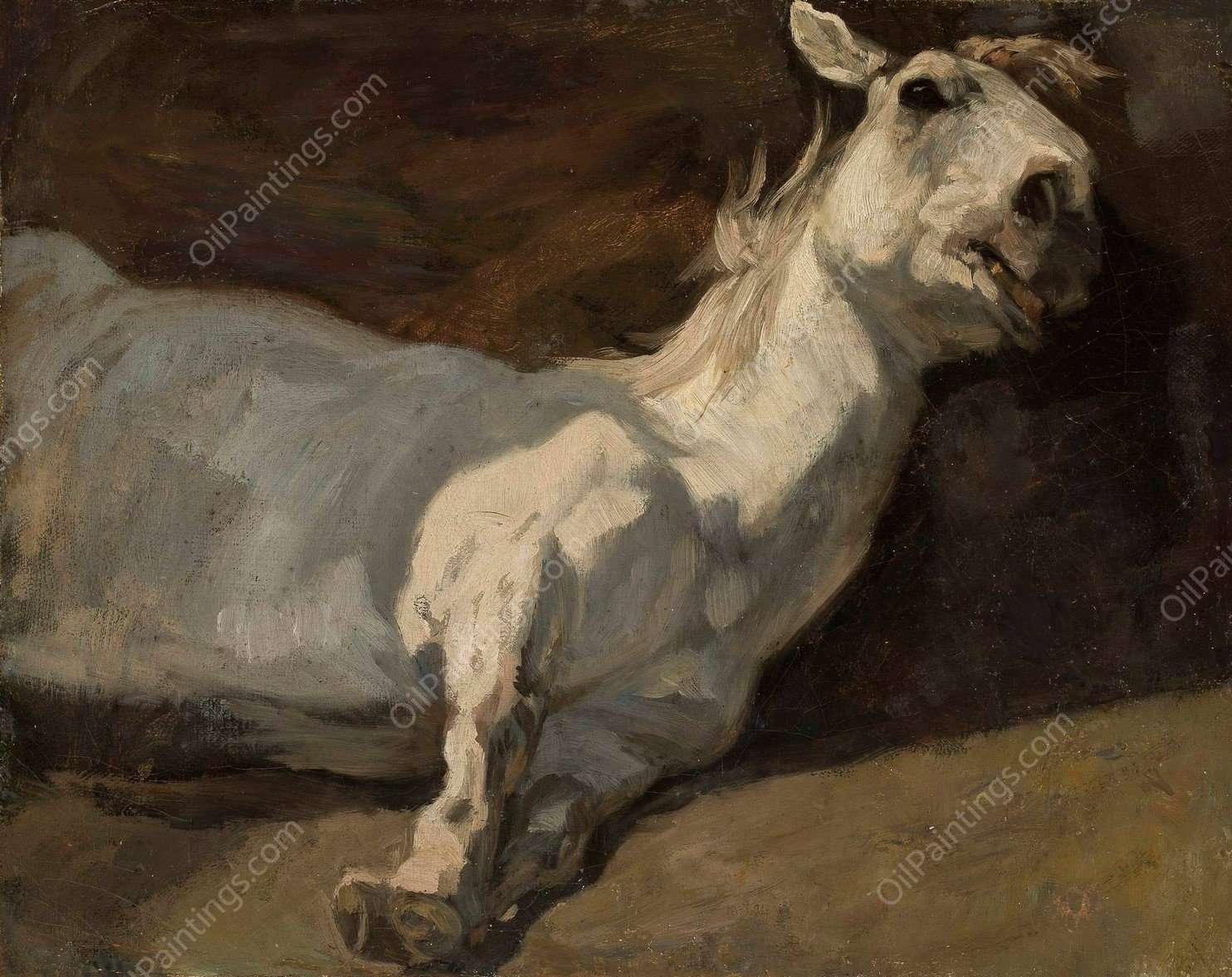 White horse stretched on the ground by Piotr Michalowski - Hand-Painted Oil Painting Reproduction