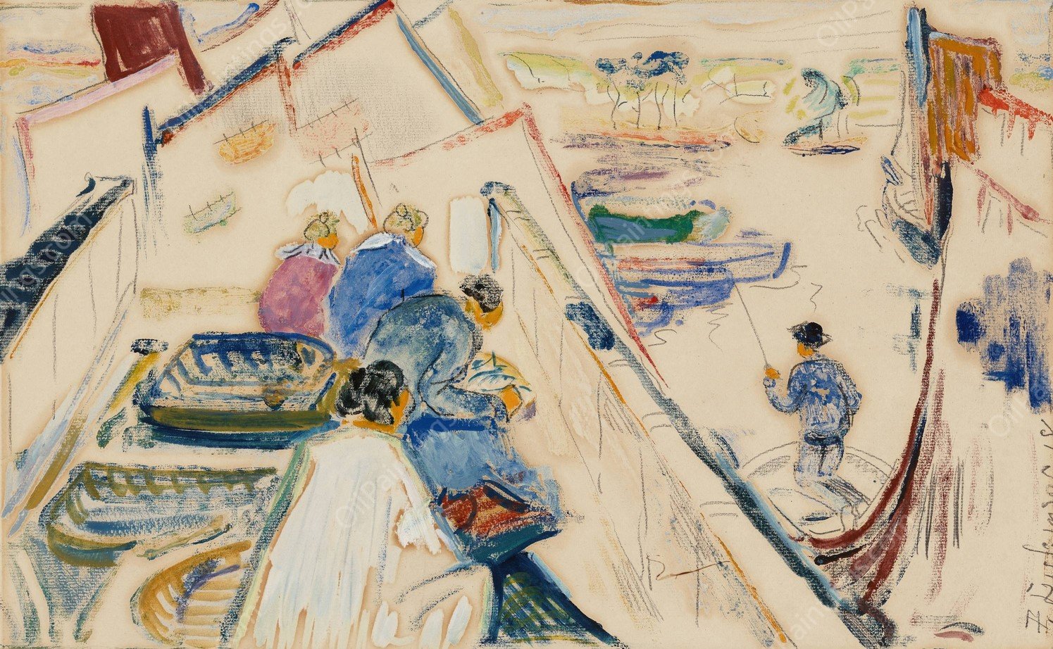 Fishing Boats  by Preston Dickinson - Hand-Painted Oil Painting Reproduction