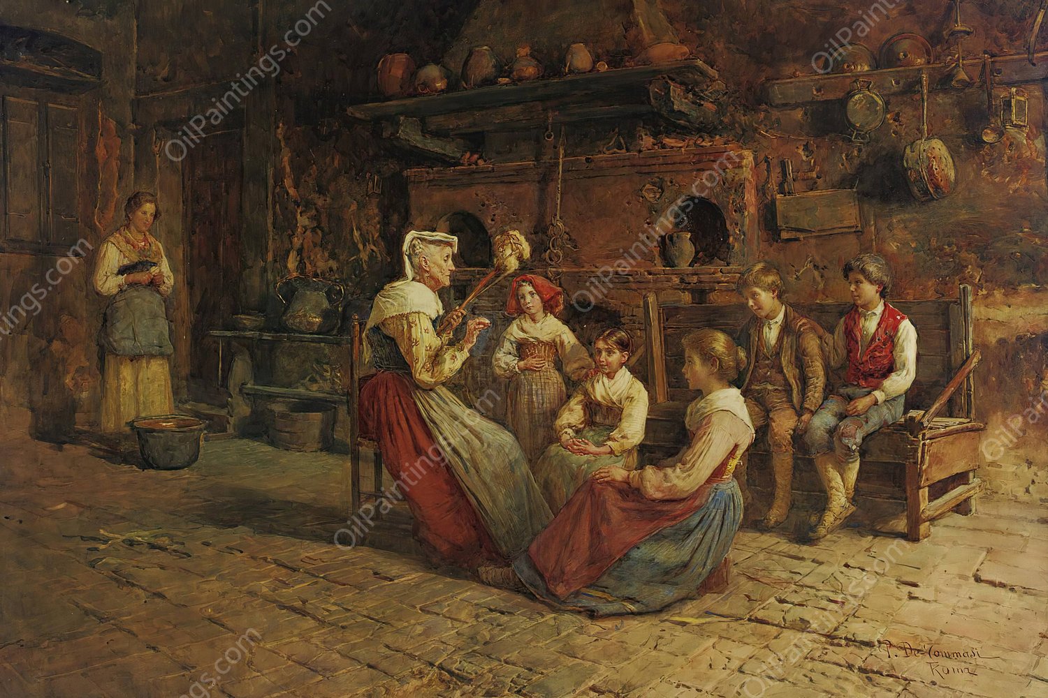 Listening To Grandma's Stories by Publio De Tommasi - Hand-Painted Oil Painting Reproduction
