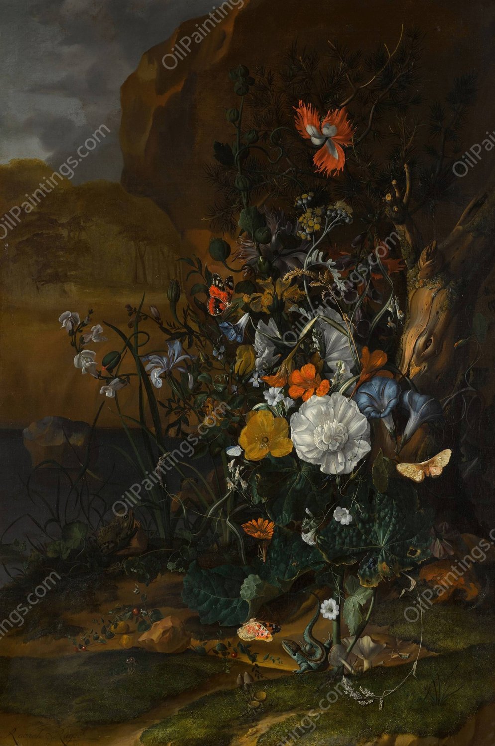 Still life of flowers, with butterflies, insects, a lizard and toads, beside a pool  by Rachel Ruysch - Hand-Painted Oil Painting Reproduction