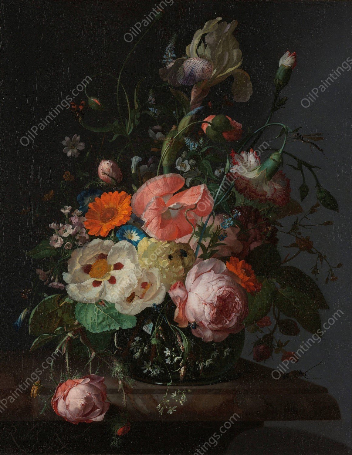 Still Life with Flowers on a Marble Tabletop  by Rachel Ruysch - Hand-Painted Oil Painting Reproduction