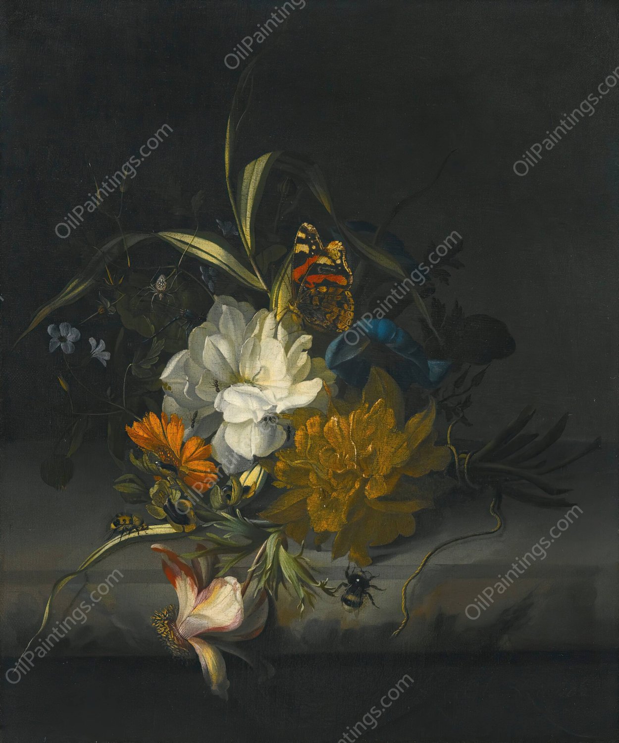 Still Life With Marigolds, Morning Glory, A Passion Flower And Other Assorted Flowers, Together With Insects On A Stone Ledge by Rachel Ruysch - Hand-Painted Oil Painting Reproduction