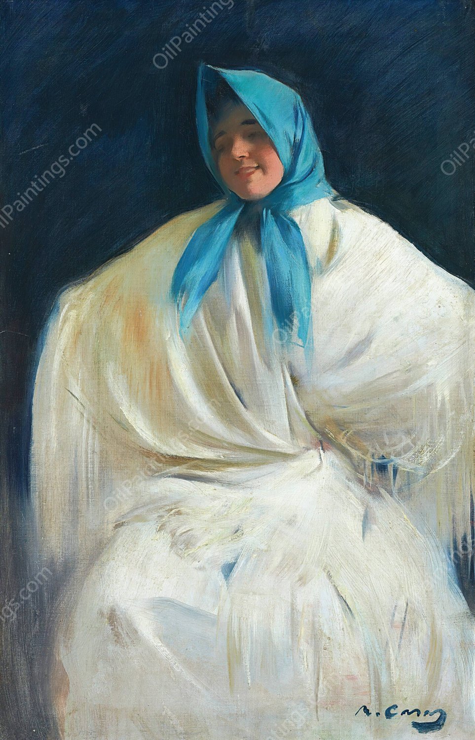 Chula con Panuelo Azul  by Ramon Casas - Hand-Painted Oil Painting Reproduction