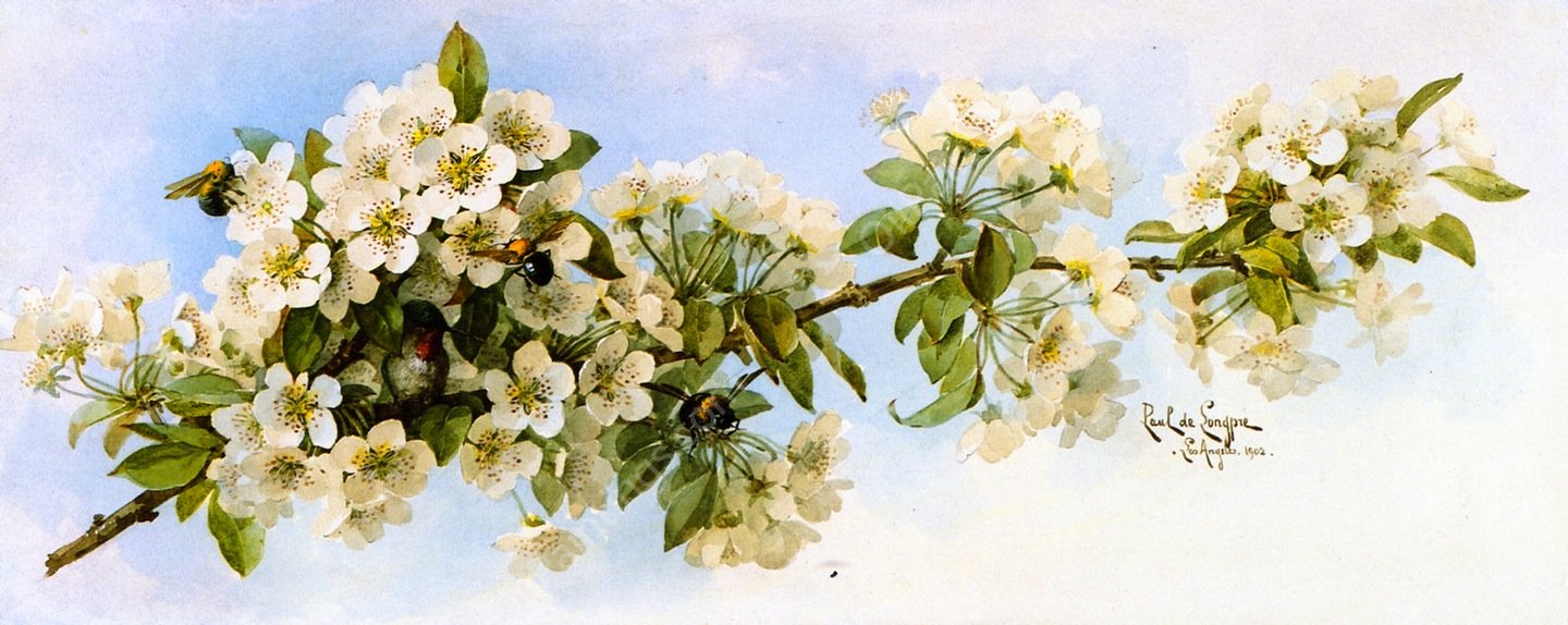 Apple Blossoms with Hummingbird and Bumblebees II by Raoul De Longpre - Hand-Painted Oil Painting Reproduction