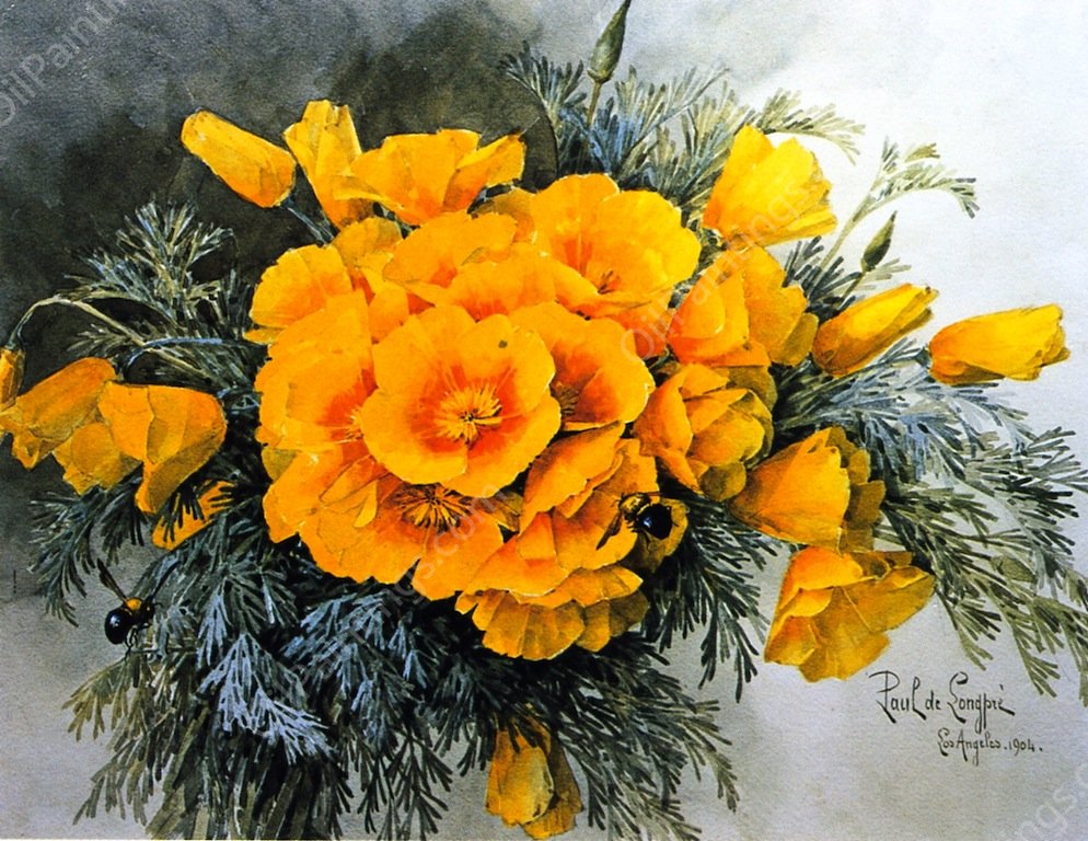 California Poppies by Raoul De Longpre - Hand-Painted Oil Painting Reproduction