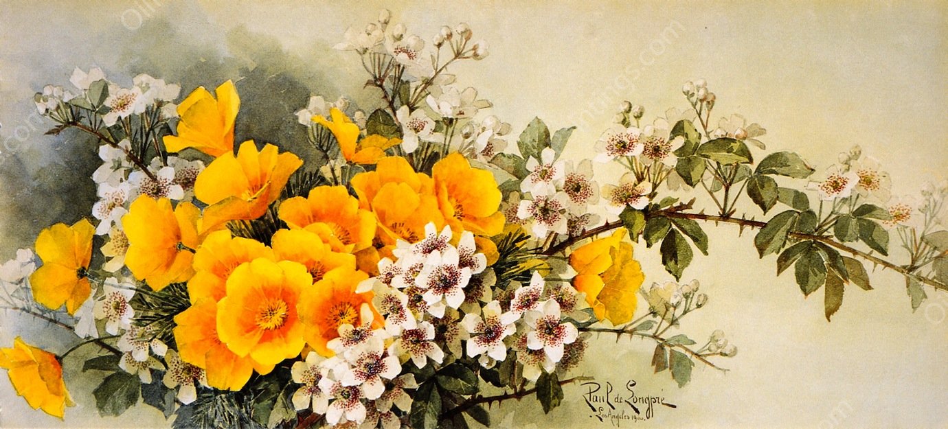 Poppies and Wild Blackberries by Raoul De Longpre - Hand-Painted Oil Painting Reproduction