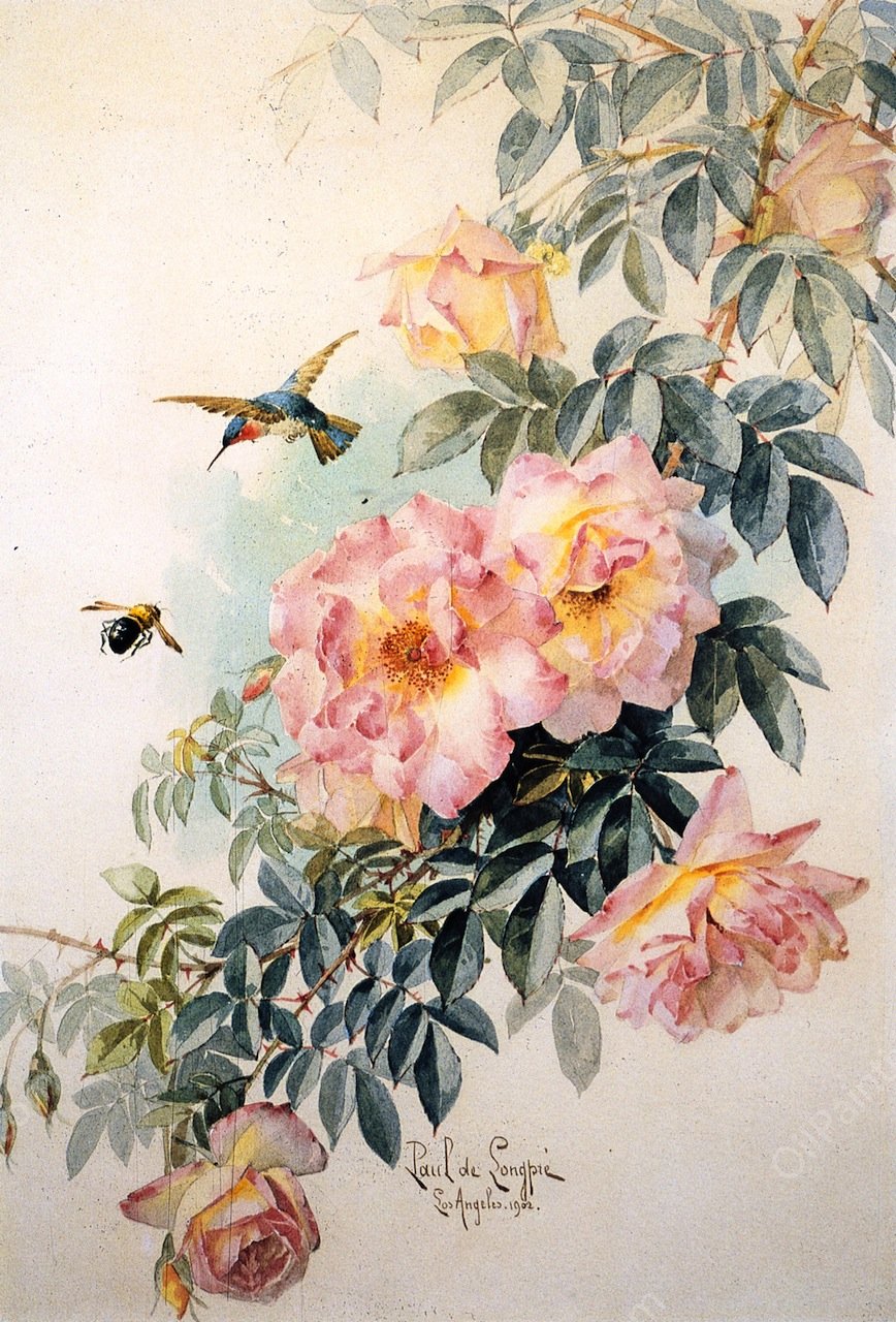 Roses with Hummingbird and Bumblebee by Raoul De Longpre - Hand-Painted Oil Painting Reproduction