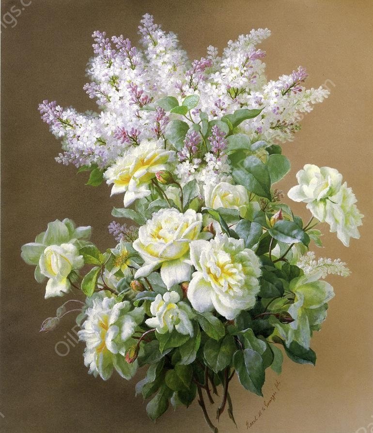 Still Life: Lilacs and Roses by Raoul Mercherat De Longpre - Hand-Painted Oil Painting Reproduction