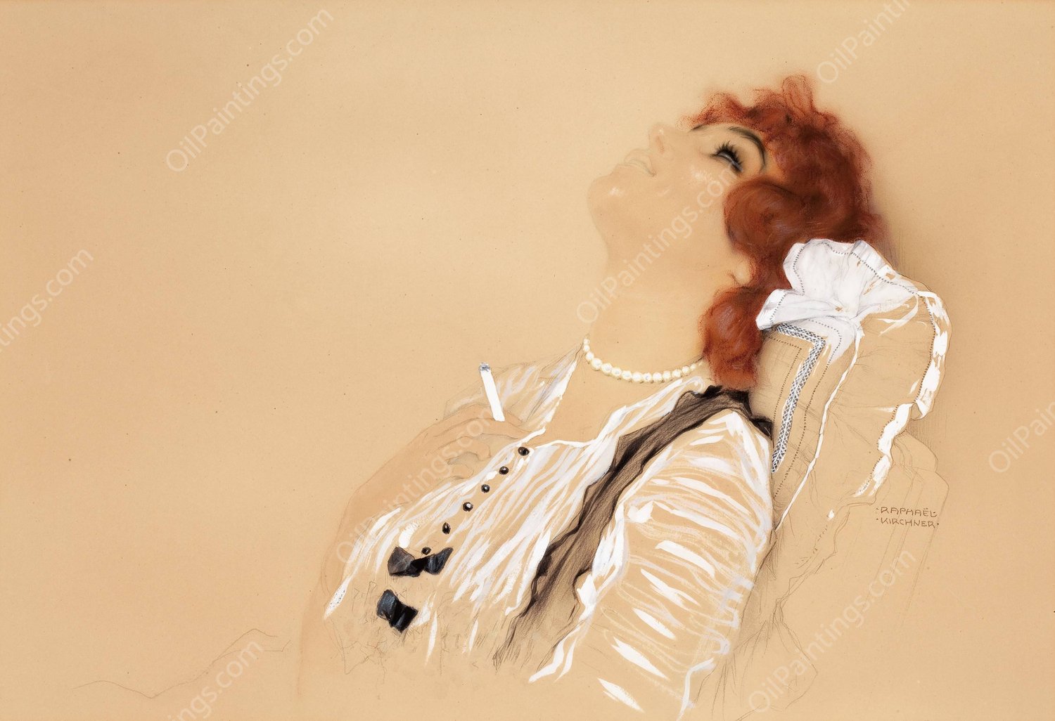 Redhead with a Cigarette by Raphael Kirchner - Hand-Painted Oil Painting Reproduction
