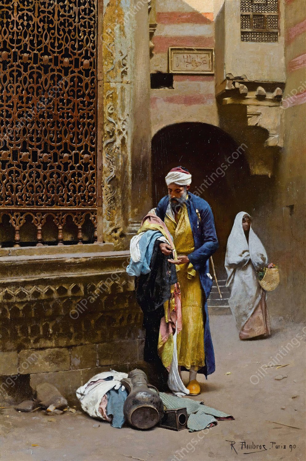 Merchant Before The Sabil Of Nafisa Al-bayda, Cairo  by Raphael Von Ambros - Hand-Painted Oil Painting Reproduction