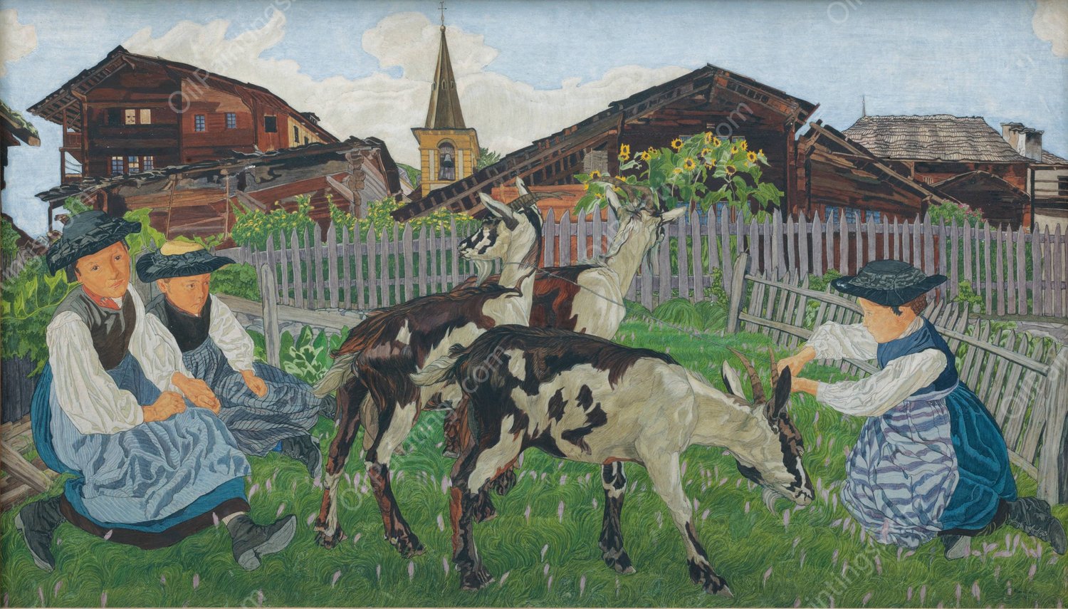 Girls From The Valais At The Goat Park  by Raphy Dalleves - Hand-Painted Oil Painting Reproduction