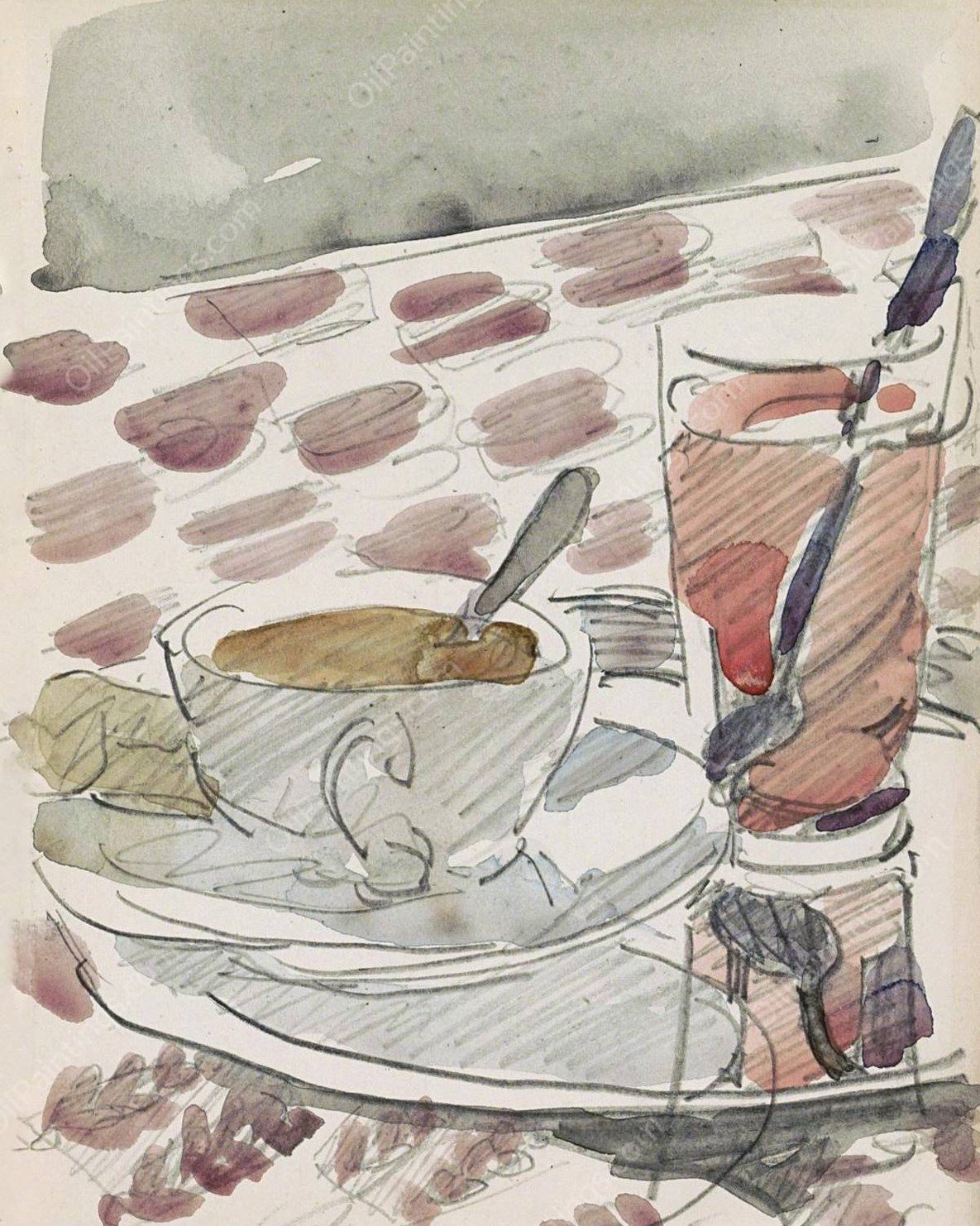 Tray with a cup, saucer and glass on a table  by Reijer Stolk - Hand-Painted Oil Painting Reproduction