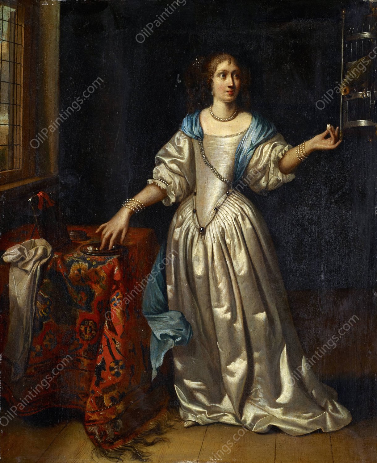 Lady With Parrot by Reinier De La Haye - Hand-Painted Oil Painting Reproduction