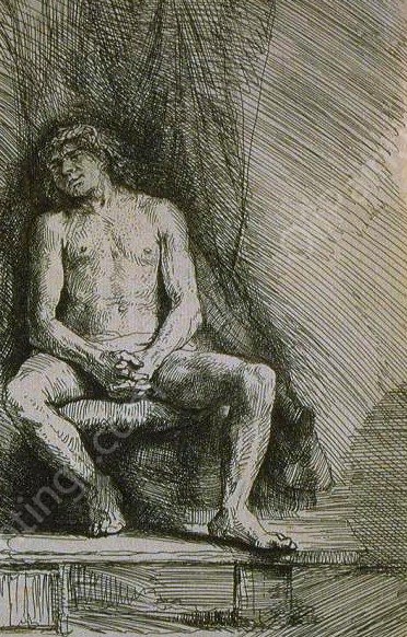 Study from the Nude Man Seated before a Curtain by Rembrandt Van Rijn - Hand-Painted Oil Painting Reproduction